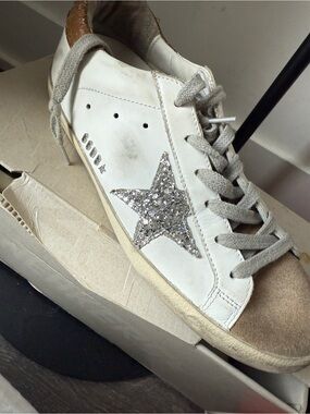 Golden Goose White Sneakers with Silver Glitter Star